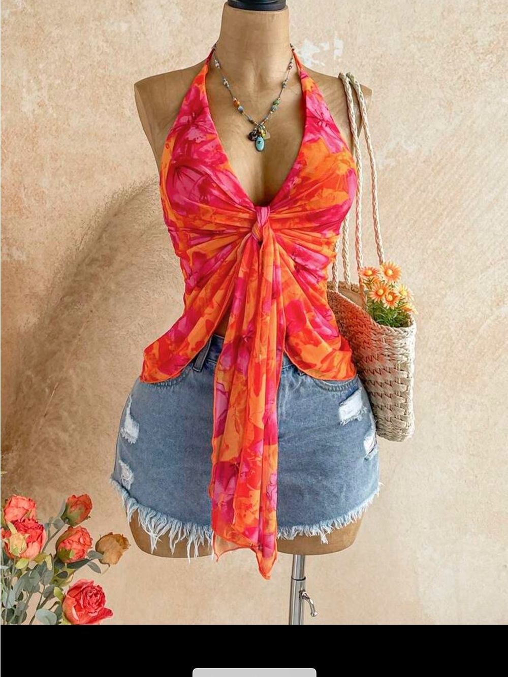 Floral Tie-Front Halter Top - Pink Orange